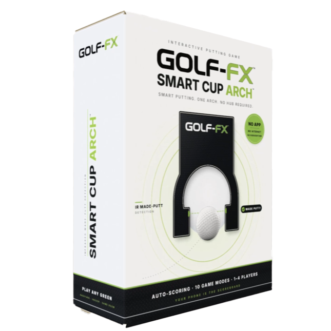 GOLF-FX Smart Cup Arch standing on a putting surface with a golf ball